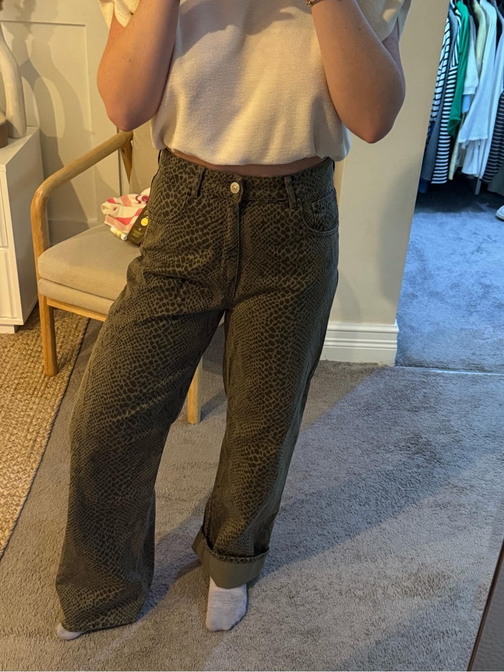 Zara Olive Green Patterned Boyfriend Jeans